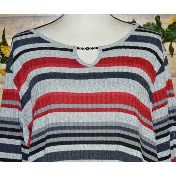 Alfred Dunner Women's 2X Striped Ribbed 3/4 Sleeve Knit Top Shirt Beaded V-Neck - Picture 2 of 12